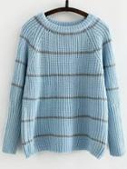 Romwe Round Neck Striped Blue Sweater