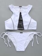 Romwe White Strappy Hollow Out Contrast Stripe Back Bikini Set