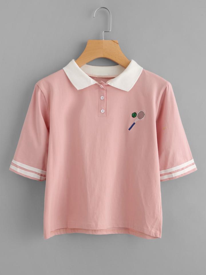 Romwe Embroidered Striped Sleeve Tee