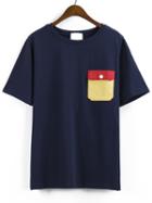 Romwe Contrast Pocket Navy T-shirt