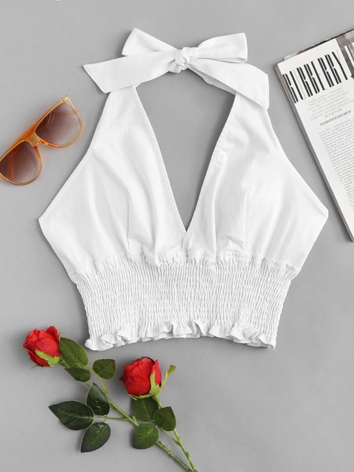 Romwe Deep V Neckline Frill Hem Halter Top