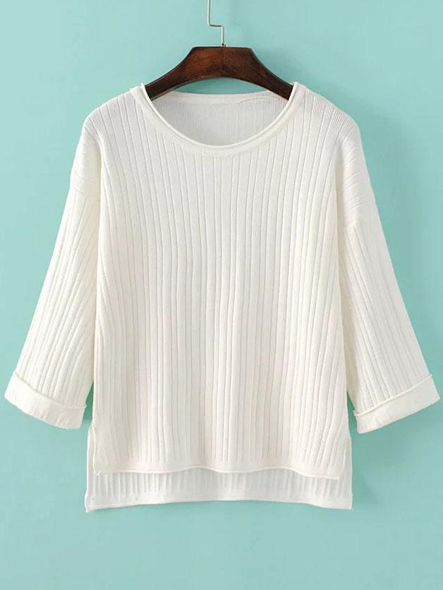 Romwe White Drop Shoulder Ribbed Dip Hem Knitwear