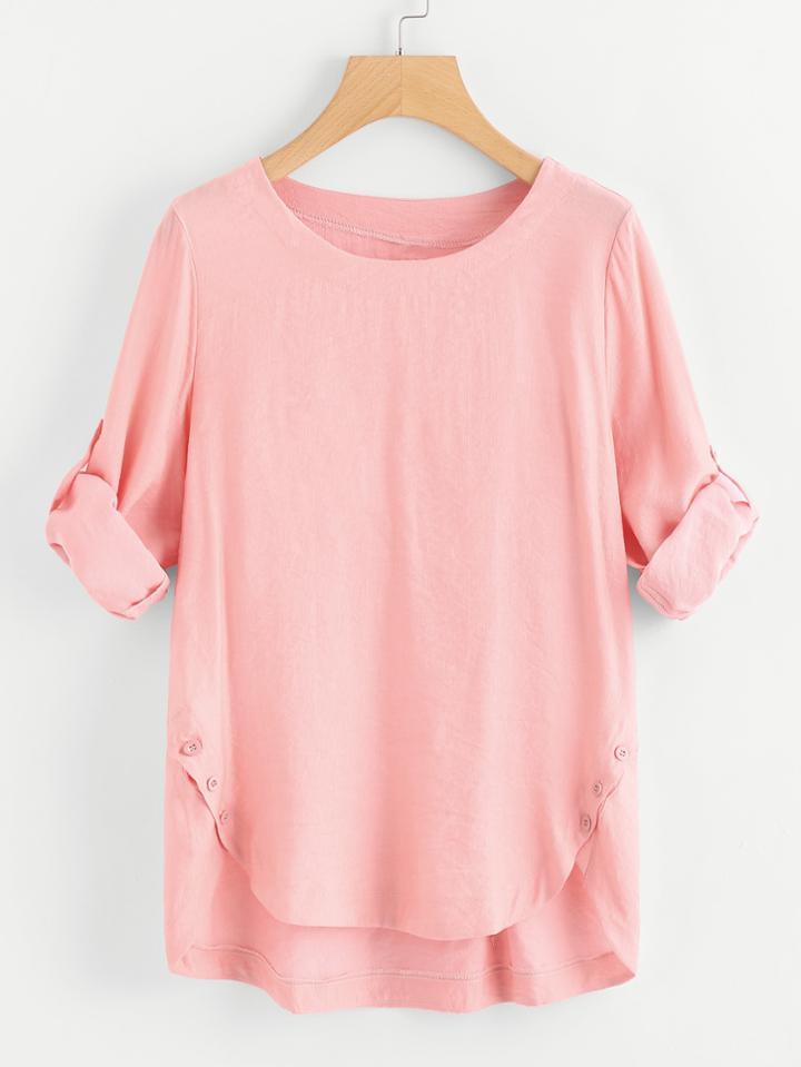 Romwe Roll Up Sleeve Asymmetrical Hem Tee
