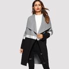 Romwe Drape Collar Color Block Coat