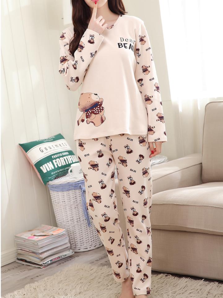 Romwe Bear Print Tee & Pants Pj Set