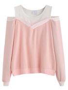 Romwe Pink Striped Contrast Open Shoulder Sweatshirt