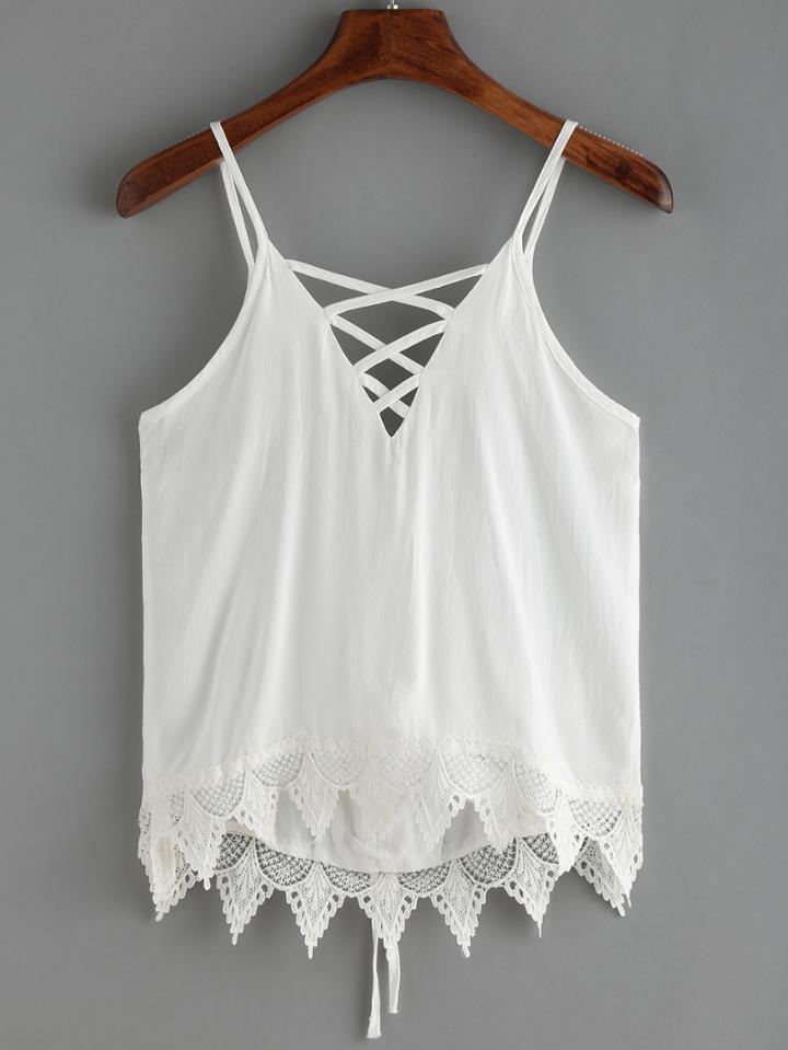 Romwe White Spaghetti Strap Crochet Lace Up Cami Top
