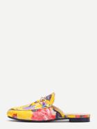 Romwe Yellow Floral Embroidered Satin Loafer Slippers