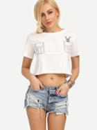Romwe Pocket & Cat Embroidered Crop T-shirt - White
