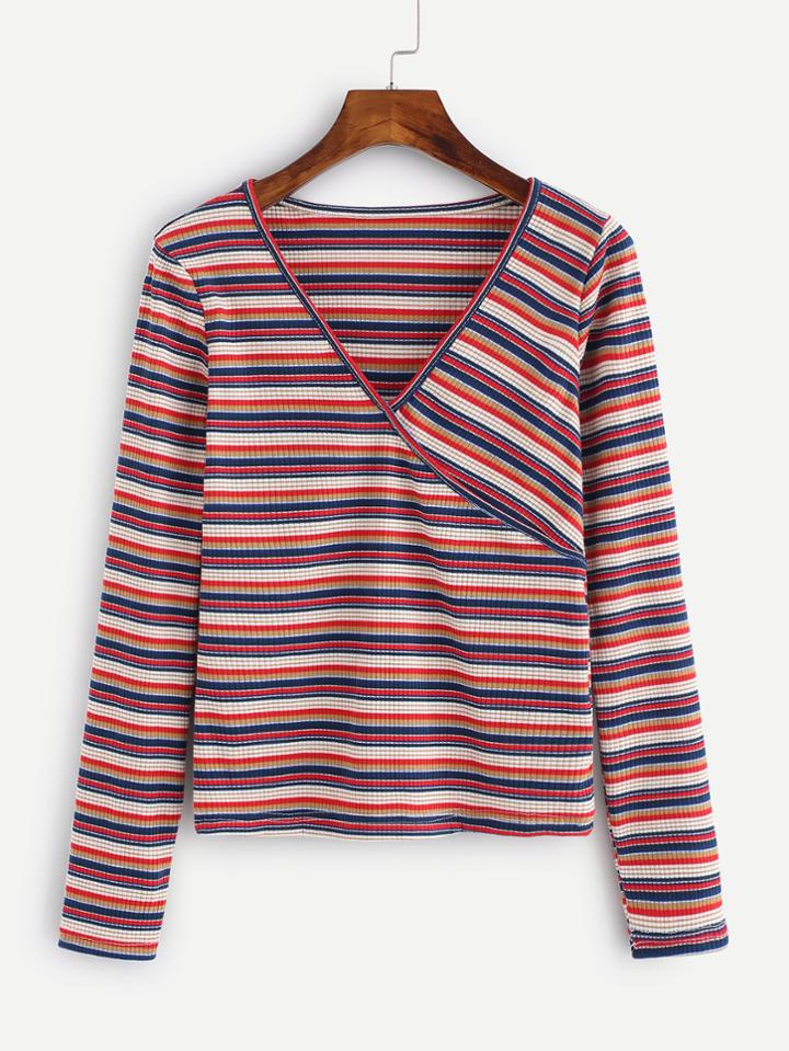 Romwe Contrast Striped Wrap Tee