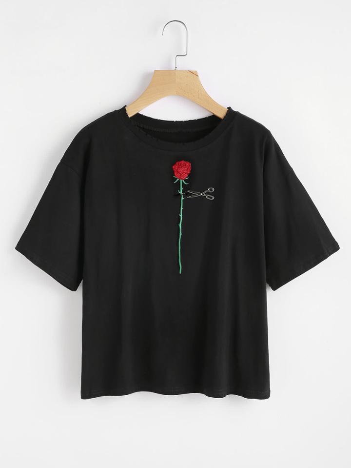 Romwe Rose Embroidered Ripped Tee