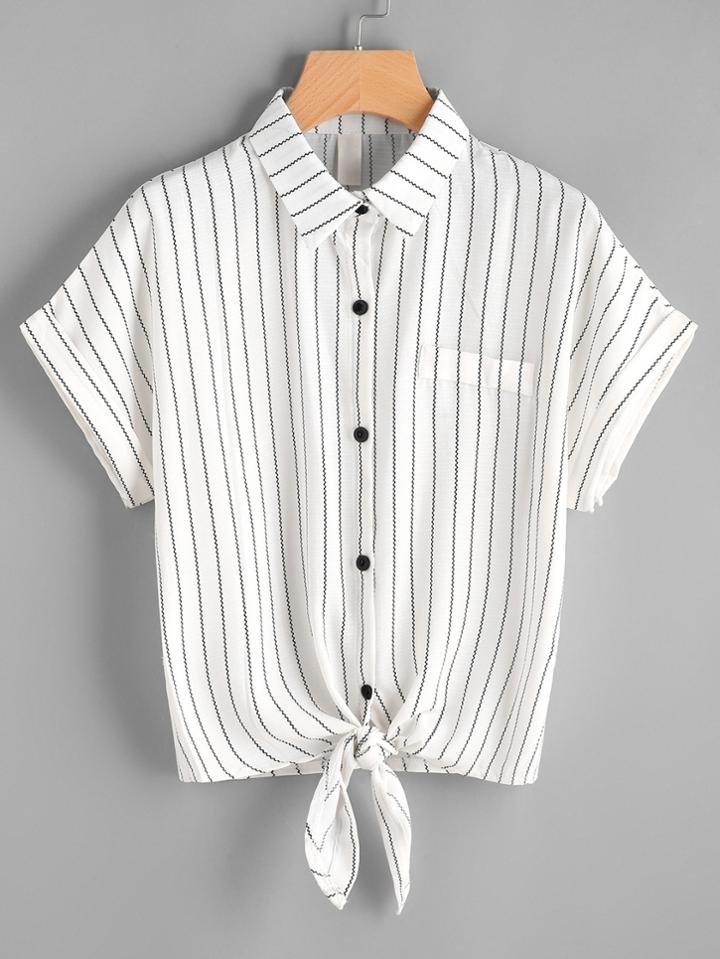 Romwe Striped Self Tie Front Cuffed Shirt