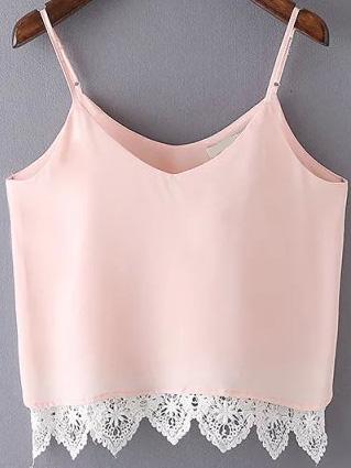Romwe Spaghetti Strap Lace Crochet Pink Cami Top