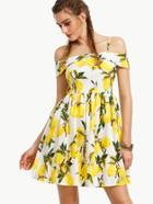 Romwe White Lemon Print Fold Over Cold Shoulder Dress