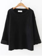 Romwe Black Ribbed Rolled Cuff Sweater
