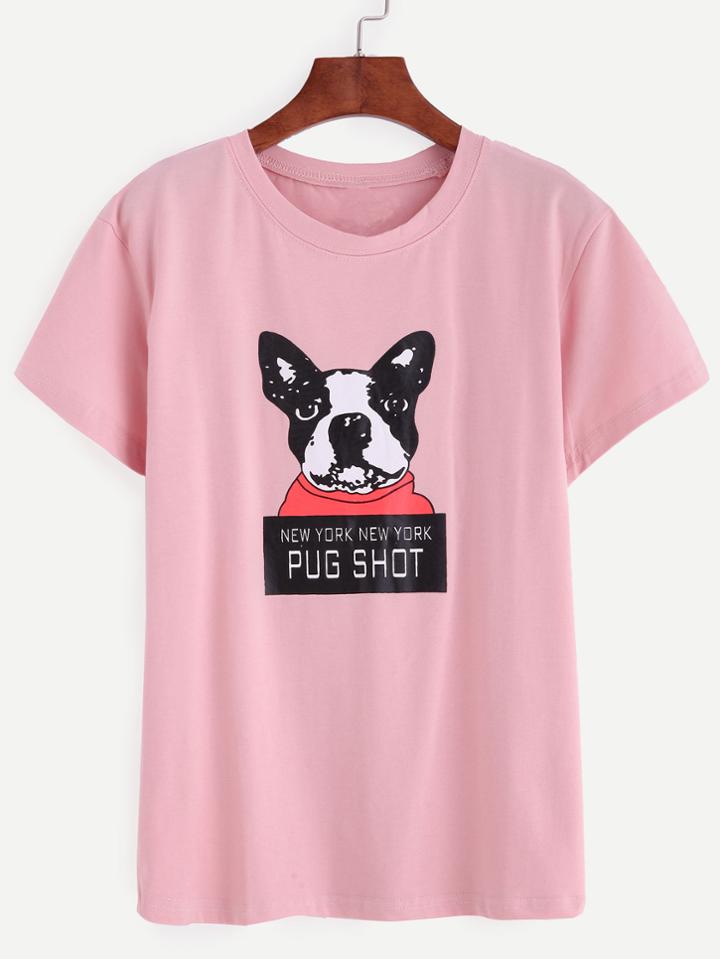 Romwe Pink Dog Print T-shirt