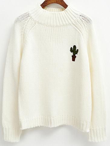Romwe Mock Neck Raglan Sleeve Cactus Embroidered White Sweater