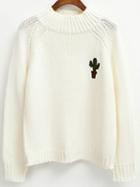 Romwe Mock Neck Raglan Sleeve Cactus Embroidered White Sweater