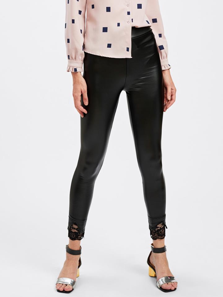 Romwe Scallop Lace Trim Slit Hem Pu Leggings