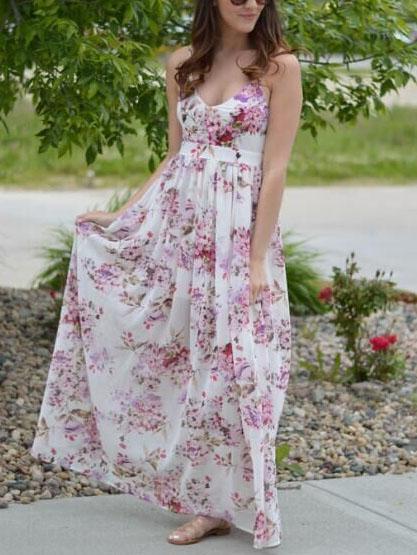 Romwe White Flower Print Backless Chiffon Cami Dress