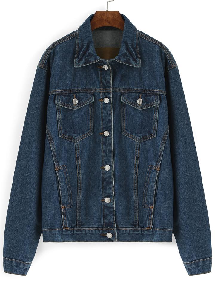 Romwe Lapel Single Breasted Pockets Denim Coat