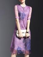 Romwe Purple Collar Ink Pleated Shift Dress