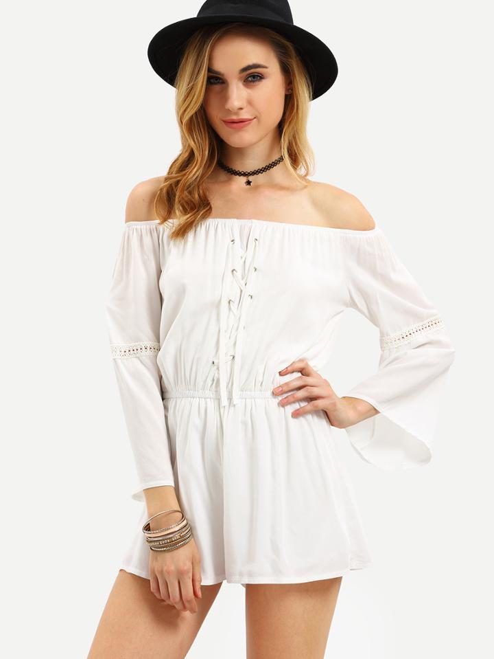 Romwe White Off The Shoulder Lace Up Romper
