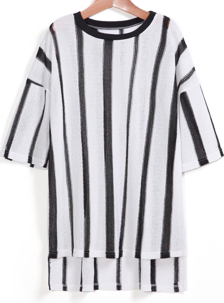 Romwe Dip Hem Vertical Striped Sweater