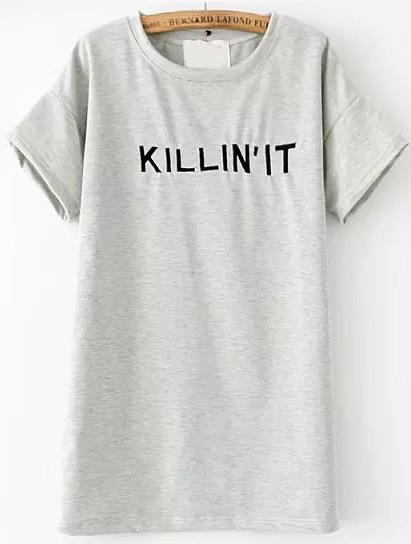 Romwe Letters Embroidered Loose Grey T-shirt