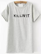 Romwe Letters Embroidered Loose Grey T-shirt
