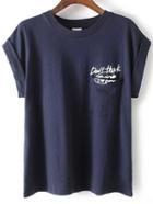Romwe Letter Print Cuffed Navy T-shirt With Pocket