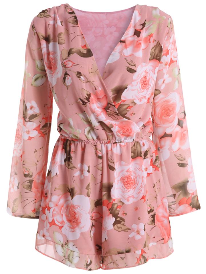 Romwe Deep V Neck Florals Jumpsuit