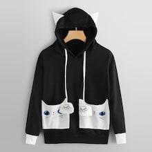 Romwe Cat Print Pocket Hooded Sweatshirt