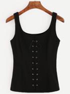 Romwe Black Eyelet Lace Up Front Tank Top