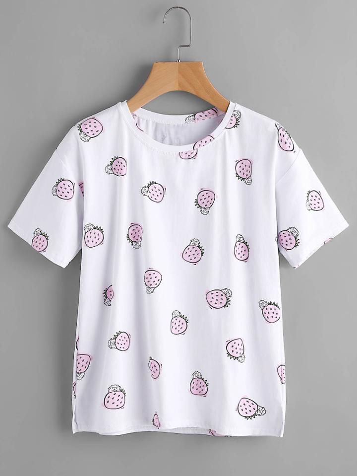 Romwe Strawberry Print Random Split Side Tee