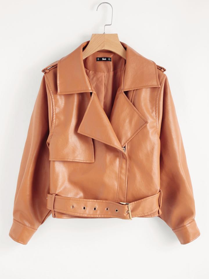 Romwe Belted Hem Gun Flap Detail Moto Jacket