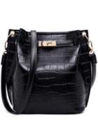 Romwe Crocodile Embossed Turnlock Belted Bucket Bag - Black