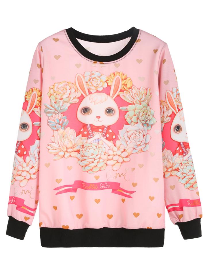 Romwe Pink Contrast Trim Rabbit And Flower Print Sweatshirt