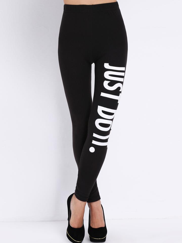 Romwe Elastic Waist Letter Print Slim Leggings