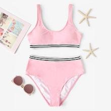 Romwe Striped Hem Top With High Waist Bikini Set