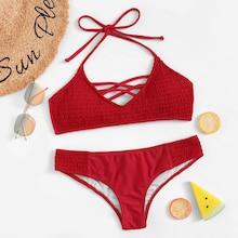 Romwe Criss Cross Shirred Bikini Set