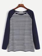 Romwe Contrast Raglan Sleeve Elbow Patch Striped T-shirt