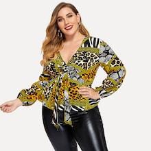 Romwe Plus Knot Front Leopard Print Blouse