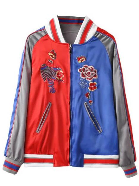 Romwe Color Block Embroidery Raglan Sleeve Reversible Jacket