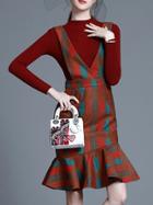 Romwe Multicolor Knit Two-pieces Leaves Print Frill Dress
