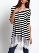 Romwe Black White Stripe Lace Hem Casual Dress