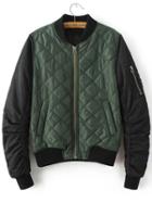 Romwe Green Contrast Sleeve Quilted Padded Bomber Jacket With Zipper
