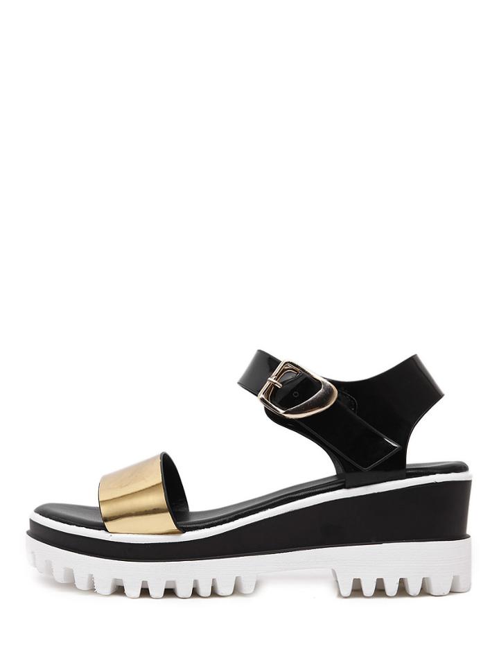 Romwe Gold Lug Sole Metallic Colorblock Sandals
