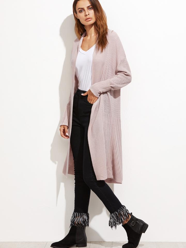 Romwe Apricot Shawl Collar Eyelet Longline Cardigan