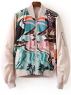 Romwe Multicolor Crew Neck Zipper Printed Jacket